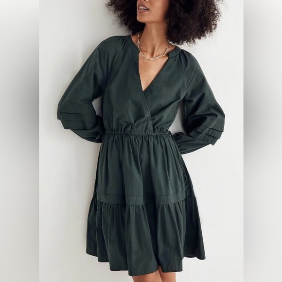 NWT Madewell Green Crinkle Poplin Long Sleeve Wrap Mini Dress SZ 1X - Picture 2 of 9